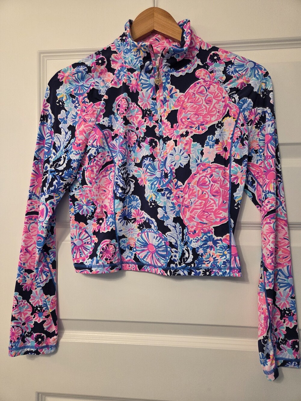Lilly Pulitze Cropped Floral Zip-Up Pullover in Navy, Pink & Blue